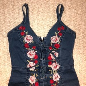 Blue Jean Stretch Dress with Floral Lace Up Design